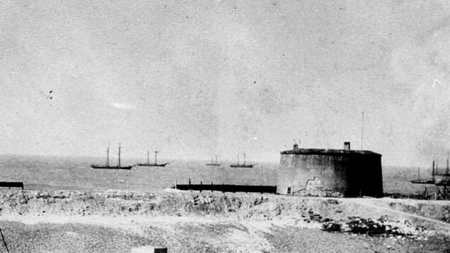 The earliest known photograph of Martello Tower No. 74, with sailing ships in the English Channel
