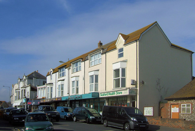 A parade of shops on Church Street, Seaford, seen from the Clinton Place end